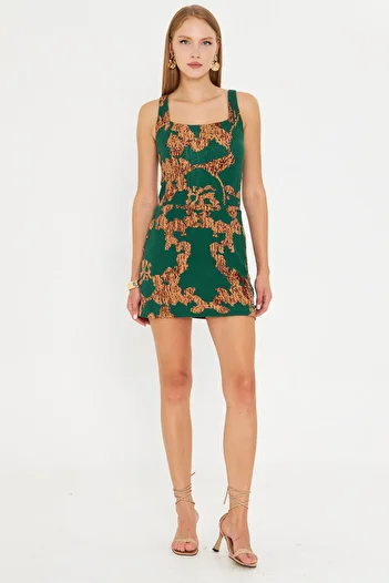 armonika Rochie mini pentru femei, verde-bej, cu guler pătrat, cu pantaloni scurți ARM-25Y001095