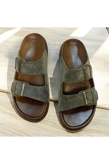 KAFKASLAR AYAKKABI Orthopedic Two-Buckle Men's Khaki Slippers