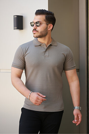 COMBİNE MİCHAİL Men's Basic Short Sleeve Coffee Polo Neck T-Shirt