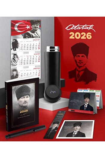 Mor kelebek 2026 Ататюрк Командирски Дневник - Звезден Календар за Стена - Календар за Бюро - Химикалка и Термос с Градуировка