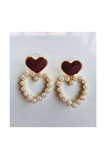 seltuğ Heart Earrings with Pearl Adorned Bordoy