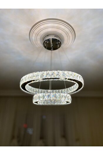 Retro KRİSTAL TAŞLI 2 KATLI 3 RENK YANAN LED'Lİ AVİZE