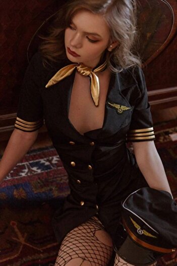 SİA LESS Plus Size Women's Black Gold Detailed Pilot Costume Design Fancy