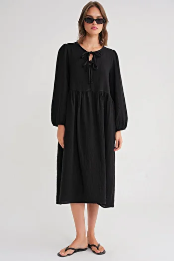 Mixray 4739 Women's Collar Tie Muslin Midi Dress Black