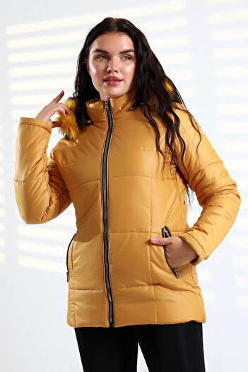 Talsmoda Women's Mustard Color Hooded Fur Water, Wind and Wash Resistant Quilted Coat