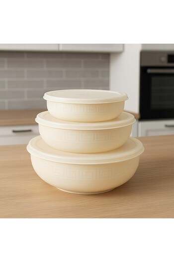 Saban Cream Color Round Plastic Storage Container Set – 3 Pieces (5 L, 2.7 L, 1.5 L)
