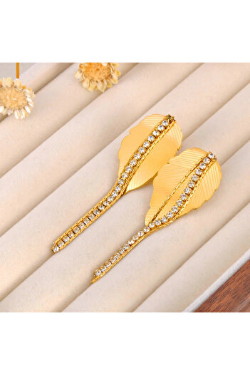 Eva Grace Havena gold long leaf-shaped earrings made of 18K gold-plated stainless steel - Collection