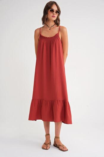 Mixray 4740 Women's Strap Muslin Midi Dress Tile