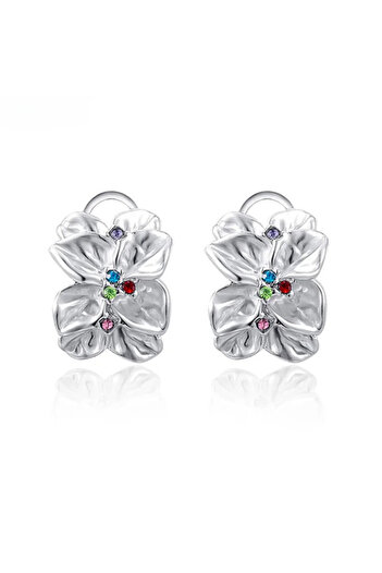 Eva Grace Kehlani earrings, silver with multi-colored stones, leaf-shaped, made of plated stainless steel