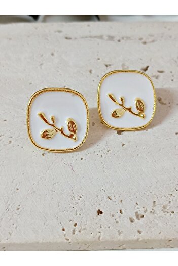 mos&more White Enamel Gold Square Earrings