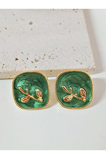 mos&more Nefti Green Enamel Gold Square Earrings