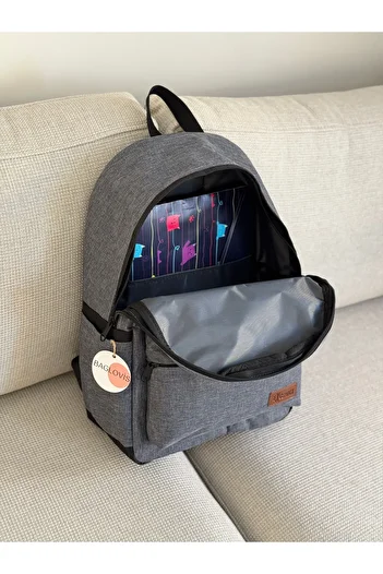 BAGLOVİS Canvas Fabric Gray Backpack with Pockets on the Front and Sides En35 Boy46