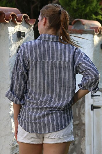 Chiccy Anthracite Shirt Collar Long Sleeve Striped Button Washed Casual Woven Shirt 70 56
