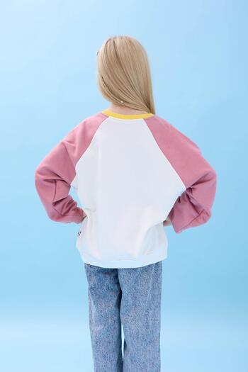 Perendi Girl's Crew Neck Colorful Basic Oversize Seasonal Nursery Sweatshirt - Ecru/Dried Rose