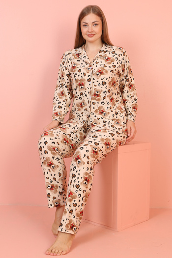 JENİKA Plus Size Cream Modal Suede Fabric Teddy Bear Patterned Women's Pajama Set