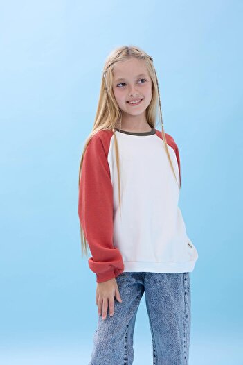 Perendi Girl's Crew Neck Colorful Basic Oversize Seasonal Nursery Sweatshirt - Ecru/Tile