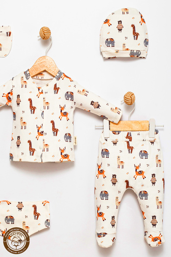 MAHFEL 100% Cotton Organic Animal World Printed Newborn Hospital Discharge Set 5 Pieces