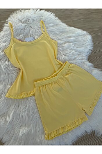 Pijamacs Yellow Cotton Rope Strap Ruffle Detail Shorts Pajama Set