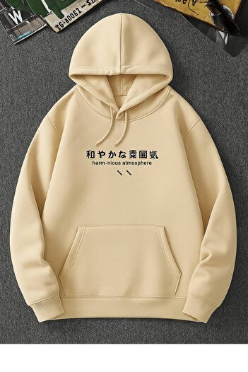 CLASSY.MODA Japanese Text Printed Hooded Sweatshirt