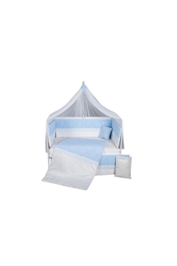 MY KİDS 11-piece Bedding Set for Kids' Crib with Canopy, Squars White-Blue, 120 x 60 cm
