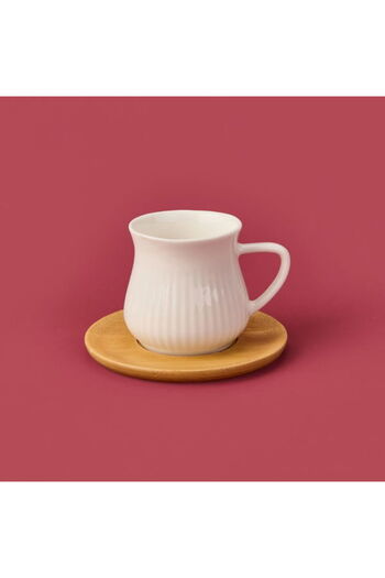 MİEN Striped Cup Set with Bamboo Plate - Light Brown / White - 100 ml