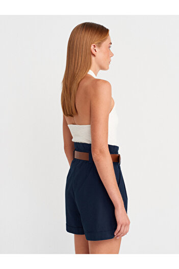 Dilvin 72138 Elastic Waist Belted Shorts-Navy Blue