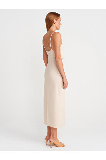 Dilvin 91479 Drawstring Midi Dress-Stone
