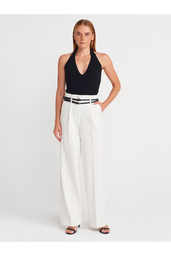 Dilvin 72153 Belted High Waist Trousers-White