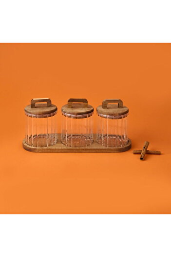 MİEN Glass Spice Jar Set with Acacia Lid - Brown / Transparent - 600 ml