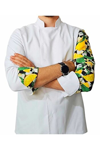 Ant Rotagrup Üniforma ve İş Elbiseleri Chef Jacket Patterned Unisex Snap Fastener Long Sleeve Chef Cook Kitchen Jacket Lemon Pattern
