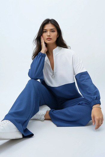 Trend Alaçatı Stili Set de îmbrăcăminte pentru femei, cu guler ridicat, cu fermoar, bloc de culoare, cu două fire, albastru deschis ALC-X12887