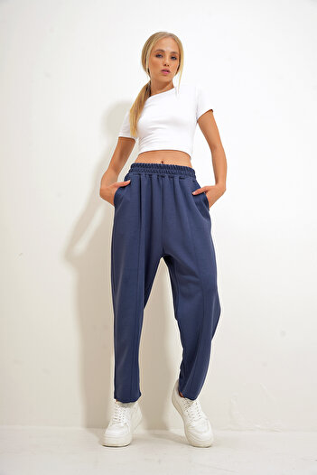 Trend Alaçatı Stili Women's Indigo Double Pocket Front Elastic Waist Draped Trousers Alc-X12560