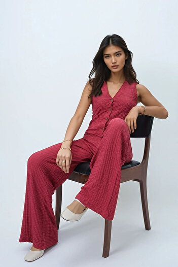 Trend Alaçatı Stili Women's V-Neck Buttoned Vest and Pants Suit Brick Color Alc-X13583