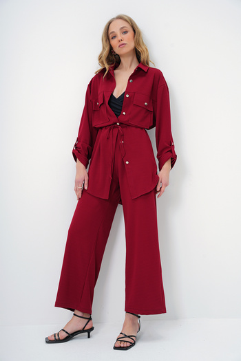 Trend Alaçatı Stili Damen-Safari-Jacke mit zwei Taschen und Aerobin-Hose mit weitem Bein und elastischem Bund, Team Wine YMX8451