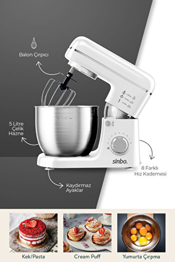 Sinbo SMX-2771 Stand Mikser | 1300W, 5L, Çok Fonksiyonlu Stand Mikser - Mutfak Şefi