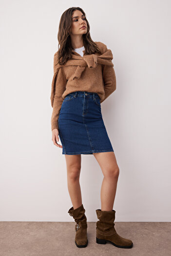 Trendyol Collection Fusta albastră mini denim cu talie înaltă TWOSS20ET0241