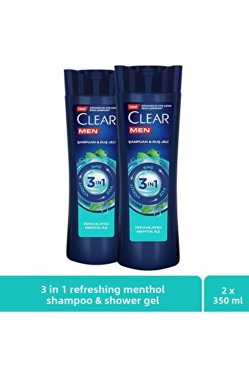 Clear Men 3 in 1 Shampoo and Shower - Menthol Refreshing, 350ml x2 For Hair Face Body