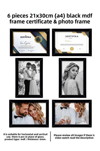 bymat 6 Pieces 21x30 Frame - Black Frame - A4 Frame - Diploma Frame - Mdf Multiple Photo Frame