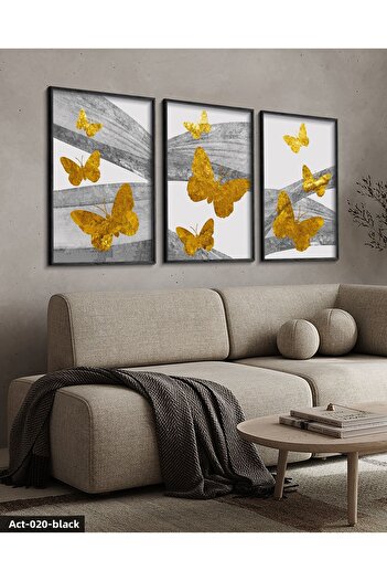 Evinemoda Gold Butterflies Abstract Background 3 Piece Black Wooden Framed Painting Act