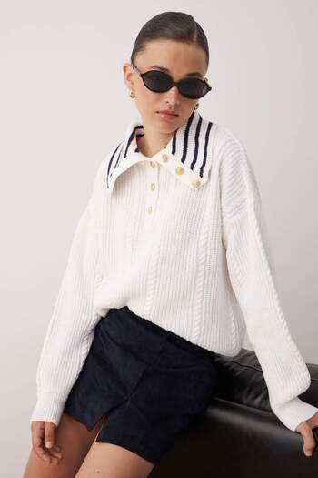 Trendyol Collection Ecru Hair Braided Wide Fit Turn-Down Collar Knitwear Sweater Twoaw26Kz00120