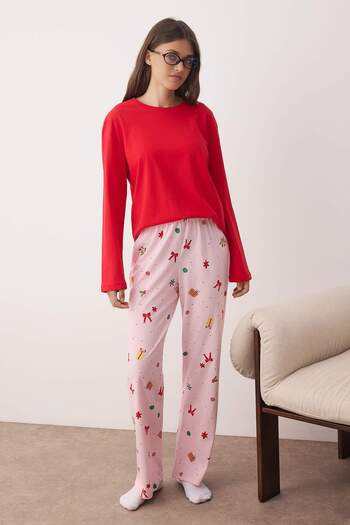 Trendyol Collection Red-Pink 100% Cotton Christmas Themed Knitted Pajamas Set Thmaw26Pt00059