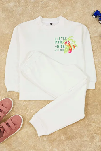TRENDYOLKIDS Ecru Printed Girls' Cotton Knitted Bottom - Top Set Tkdaw25Au00044