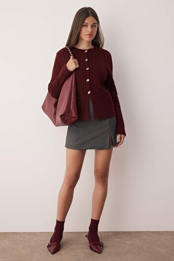 Trendyol Collection Burgundy Button Detailed Soft Textured Slit Detailed Knitwear Cardigan Twoaw26Hi00096