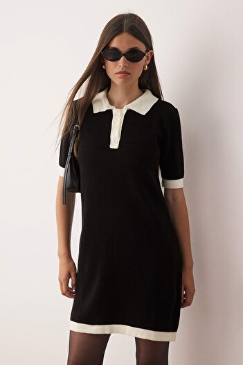 Trendyol Collection Black Color Block Short / Mini Polo Neck Knitwear Dress Twoaw26El00105