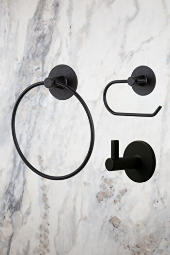 MultiStore Black Round Adhesive Ring Towel Holder/Wc Toilet Roll Holder/Bathroom Hanger Bathroom Organizer Set