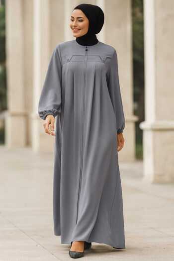 Neva Style Zippered Gray Hijab Abaya 45295Gr