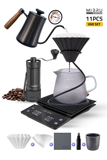 MIBRU Special V60 Coffee Set – 11 PCS Barista Kit with Kettle, Grinder, Dripper & Cups