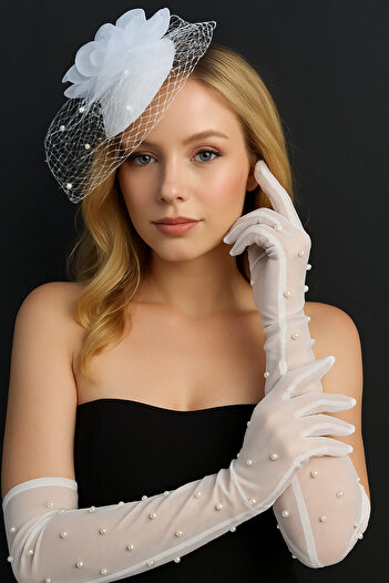 TAKIŞTIR White Color Pearl and Tulle Detailed Stylish Long Bridal Gloves Wedding/Wedding/Party/Costume Gloves
