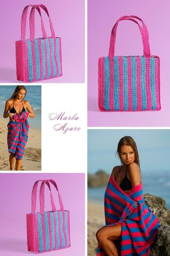 Green Petition Marla Azure, Paper Rope (Rafia), Hand Knitted, Cabana Patterned, Beach Bag.