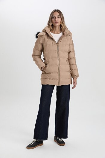 DeFacto Water Repellent Long Coat Parka Thermal Insulated Belt Hooded Faux Fur Lightweight A1218Ax23Wn